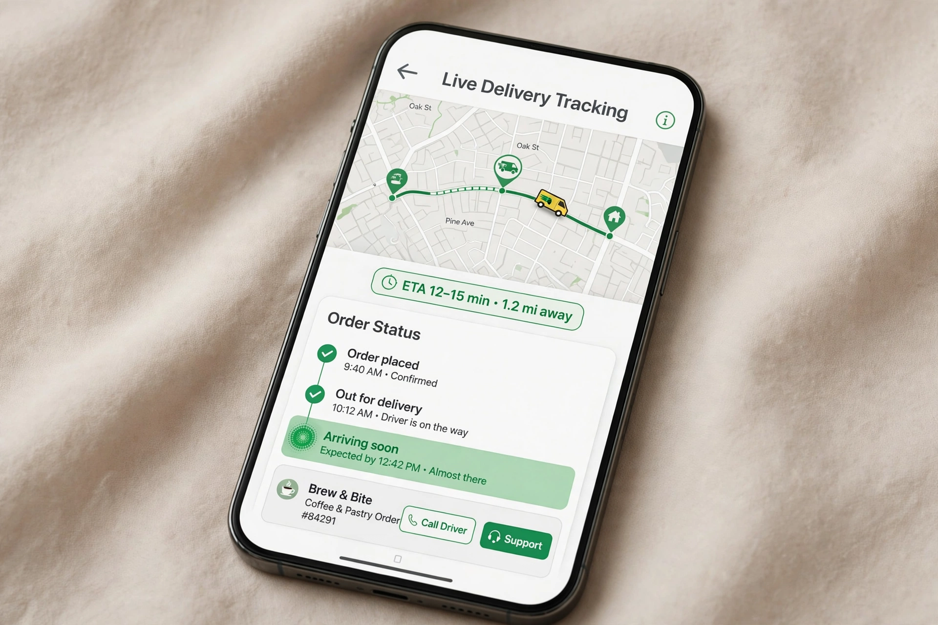 Live delivery tracking map with order status