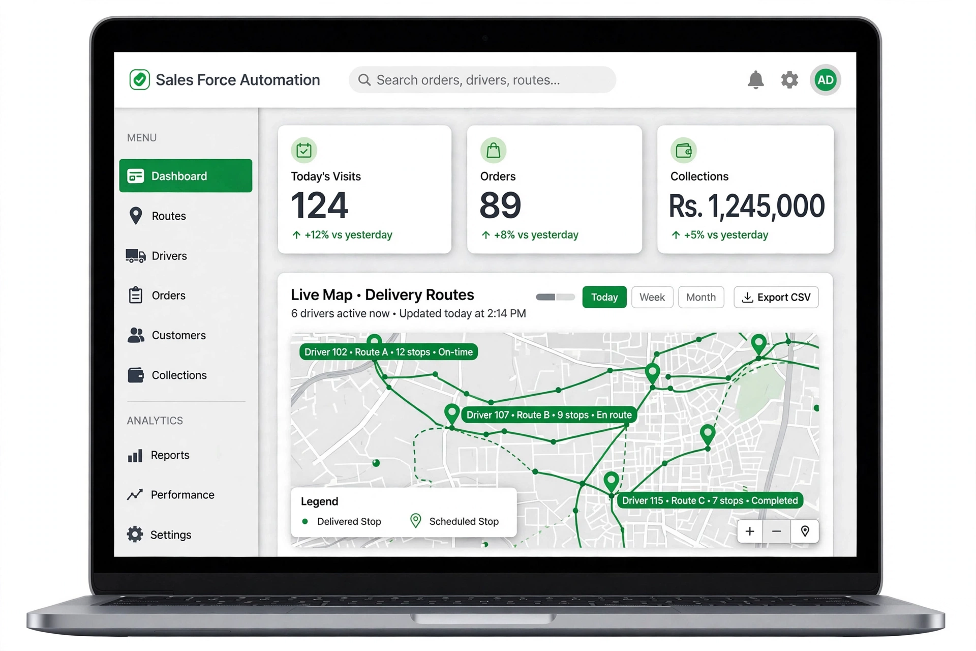 Supervisor dashboard with live map of delivery routes